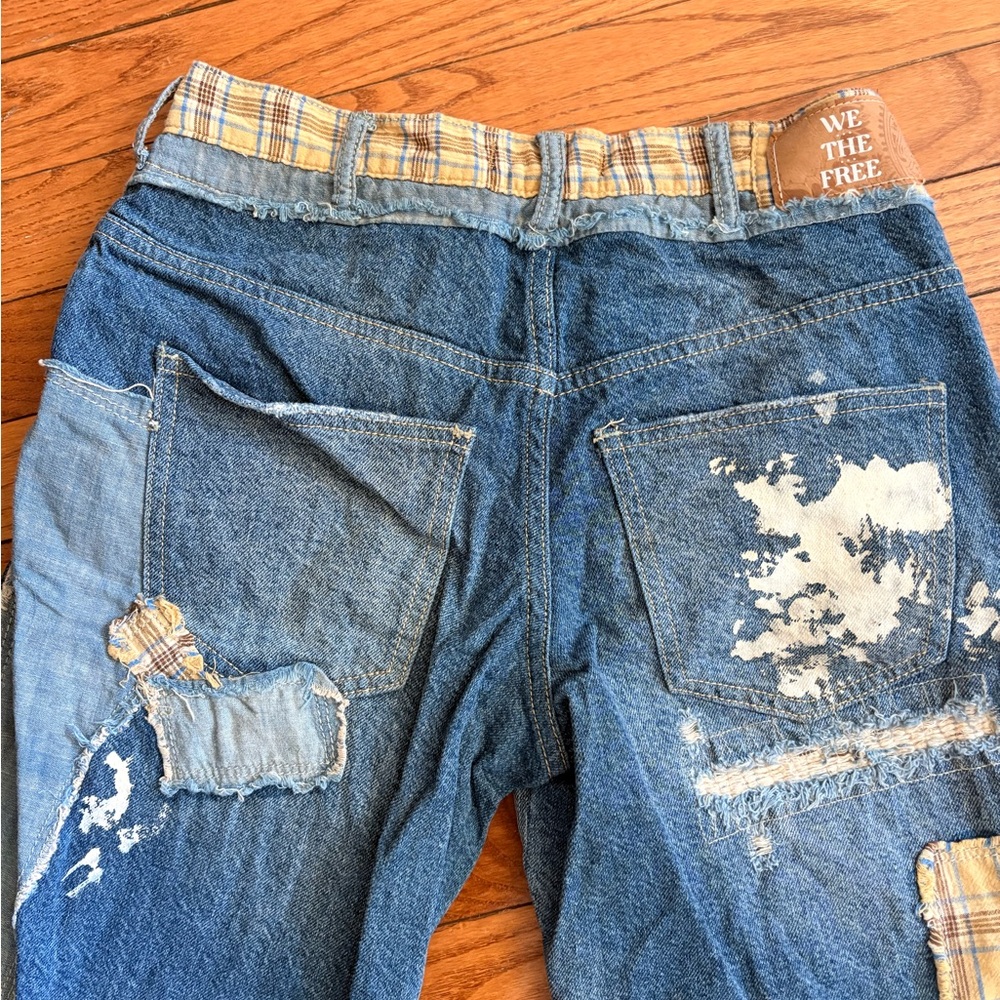 Free People Blue Distressed Patchwork Jeans with Plaid Accents - Picture 8 of 9